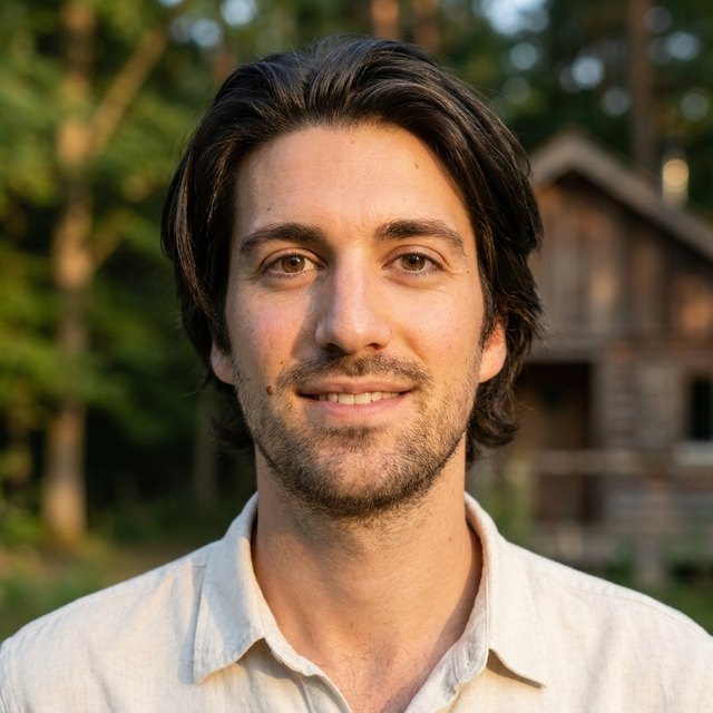 Jean, founder of Abundant Retreats, smiling in a forest garden at golden hour